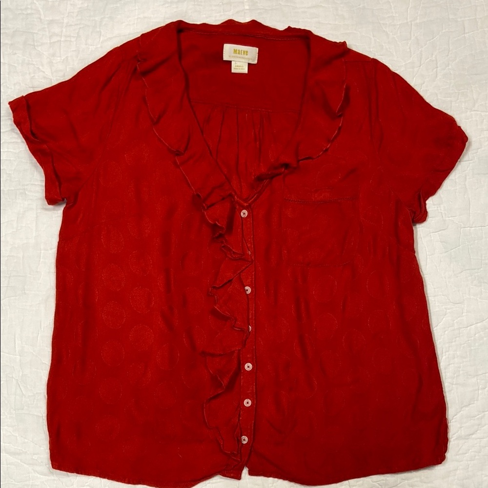 Anthropologie Red Ruffled Blouse